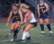 Two female field hockey players compete for the ball on a green turf field during a game.