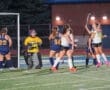 Field hockey players celebrating a goal on a lit outdoor field with goalie in action.
