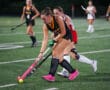 Field hockey players in action during a match on a green turf field.