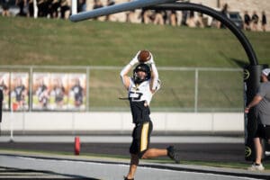 Football player catches touchdown pass in end zone wearing black and yellow uniform, mid-air leap by goalpost.