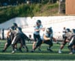 Football game action: quarterback prepares to receive snap, players in black and white jerseys engage on green field.