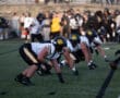 Football players in black and white uniforms line up for the snap on a field during a game.
