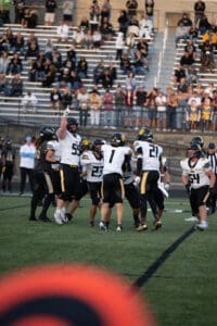 Football team celebrates a play on the field with cheering fans in the stands.