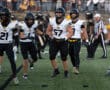 Football players in white jerseys and helmets preparing on the field during a game, with spectators in the stands.