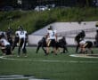 Football players in formation on a field during a game at dusk.