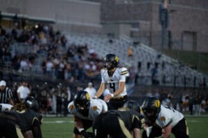 Football quarterback preparing for a play on the field during a night game with stadium crowd in the background.