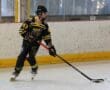 Hockey player in black and yellow jersey holding a stick during a game on an ice rink.