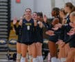 Volleyball player in Tigers uniform high-fives teammates before a game.