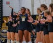 Smiling volleyball player in black jersey claps with teammates in gym, celebrating a point or win.
