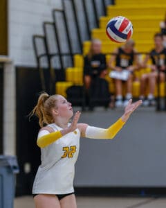 Volleyball player in mid-serve, wearing yellow and white uniform, indoor court setting, focused and poised.