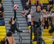 Volleyball player jumping to hit ball next to referee during a match in a gymnasium.