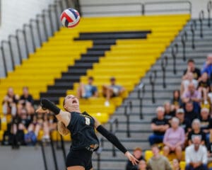 Volleyball player mid-serve action in a competitive match with audience in the background.
