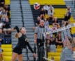 Player spikes volleyball over net during a competitive match, with referee and spectators in the background.