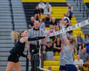 Two volleyball players compete at the net during a match, with referee and spectators in the background.