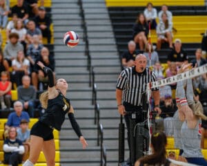 Volleyball player spikes the ball during a match in front of a referee and crowded bleachers.