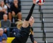 Volleyball player jumps to serve during an intense match in a stadium, wearing black uniform with crowd in background.