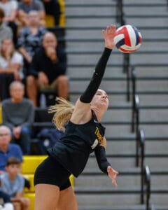 Volleyball player jumps to serve during an intense match in a stadium, wearing black uniform with crowd in background.