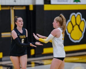 Two volleyball players in a gym during a match, high-fiving, with a large paw logo in the background.