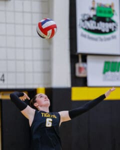 Volleyball player in black jersey serves the ball in a gym with focused determination.