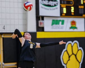 Volleyball player in black jersey serves the ball during a match, with scoreboard in the background.