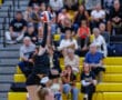 Volleyball player jumps to spike ball in a match, with spectators watching from the bleachers.