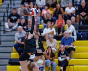 Volleyball player jumps to spike ball in a match, with spectators watching from the bleachers.