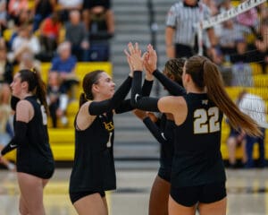 Volleyball team celebrating a point during a game in a gym with spectators in the background.