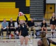 Volleyball player in action making a set during a game, teammates and coaches watch from the sidelines.