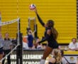 Volleyball player jumps to spike the ball during a high school match in a gymnasium with yellow bleachers.