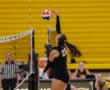 Volleyball player jumps for a powerful spike during an indoor game, wearing a black jersey with number 25.