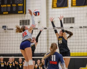 Volleyball match action with Titan player spiking and Tiger players blocking at the net.