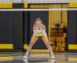 Volleyball player in ready stance on indoor court during game.