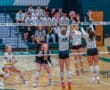 High school volleyball match with Pine-Richland players blocking a spike from the opposing team, crowd watching.