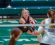 Volleyball player wearing black jersey digs the ball during a match, with teammates in the foreground.