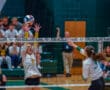 Girls playing volleyball at Pine-Richland Rams match, athlete in action blocking a spike over the net.