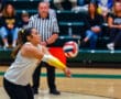 Volleyball player focusing on a pass during an indoor match, with a referee and spectators in the background.