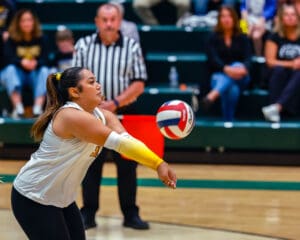 Volleyball player focusing on a pass during an indoor match, with a referee and spectators in the background.