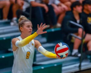 Young female volleyball player prepares to serve during a match, wearing number 8 jersey and yellow arm sleeves.