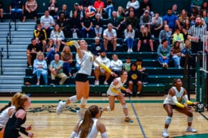 Female volleyball player jumping to spike ball in front of focused teammates and crowd in gymnasium.
