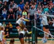 Women's volleyball player spikes ball over net in competitive match, crowd watches intently in packed gymnasium.