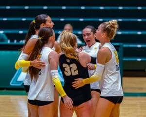Volleyball team celebrates on court in a huddle after winning a point during an intense match.