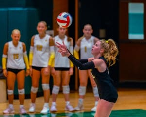 Volleyball player sets ball in action during match, teammates in background wearing uniforms, focused on the game.