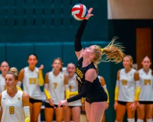 Volleyball player in black jersey spikes the ball with teammates in background, indoor court setting.