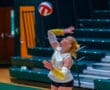 Volleyball player in mid-serve during a match in an indoor gym setting.