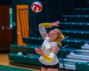 Volleyball player in mid-serve during a match in an indoor gym setting.