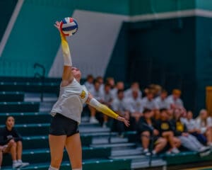Volleyball player serves the ball during a match in a gymnasium with spectators in the background.