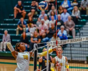 Volleyball player in action, ready to spike the ball over the net during a competitive game in a packed gymnasium.