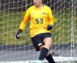 Soccer goalie in yellow jersey kicks ball, guarding the net during outdoor game on colorful field.