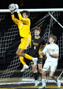 Soccer goalkeeper in yellow jumps to catch a ball during a match, with players from both teams watching.