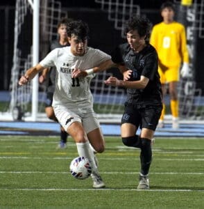 Two soccer players compete for the ball on the field during a nighttime match, with a goalkeeper in the background.